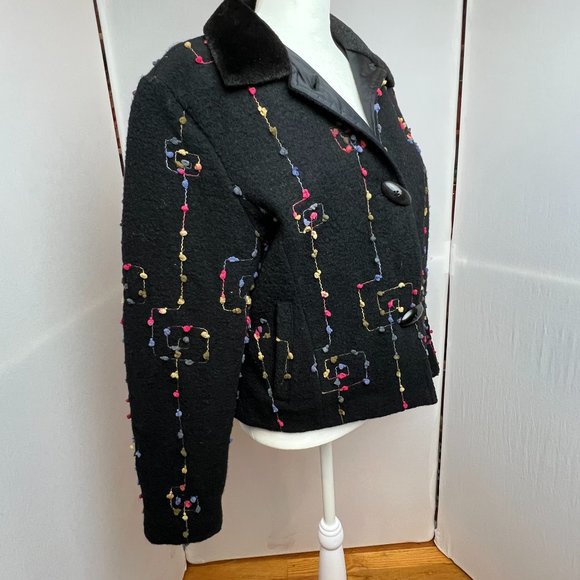 Tsunami Esq Black Wool Blend Embroidered Cropped Jacket Blazer Sz M Art-to-Wear - Picture 3 of 16
